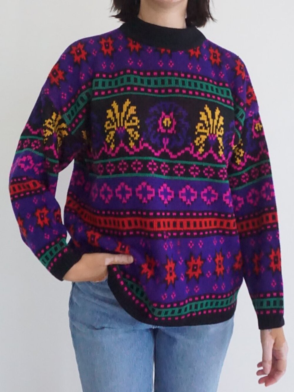 Vintage Jamie Scott Purple Black Geometric Floral Fair Isle Mock Neck Sweater M